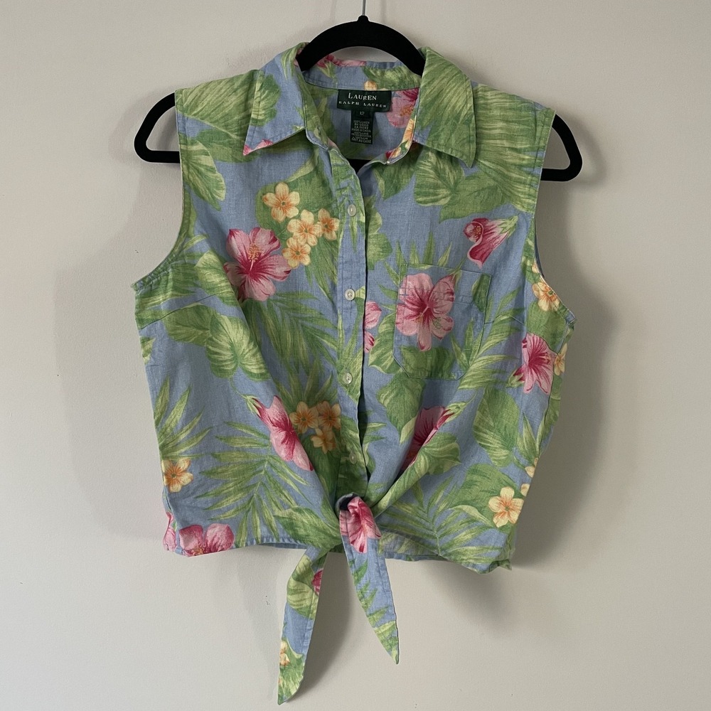 Lauren Ralph Lauren 100% Linen Floral Button Front Tie Top Sz 12 Resort Boho 90s